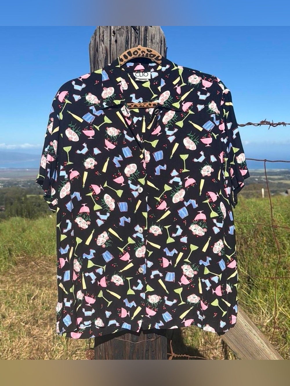 Vintage 90s Y2K Retro 50s Cocktail Print Camp Shirt Medium